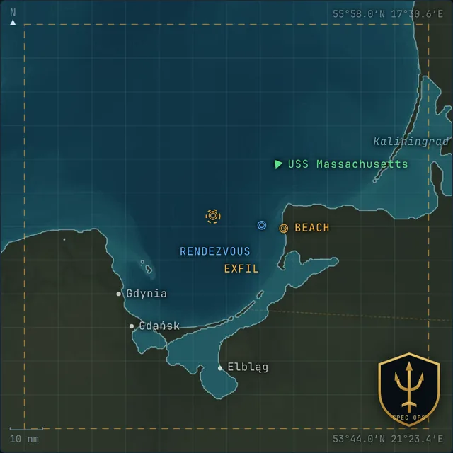 Area of operations chart for Dry Deck: Baltic Sea, off the Sambia coast