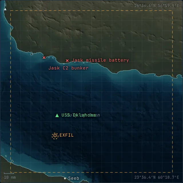 Area of operations chart for Strike Package: Gulf of Oman, off Jask