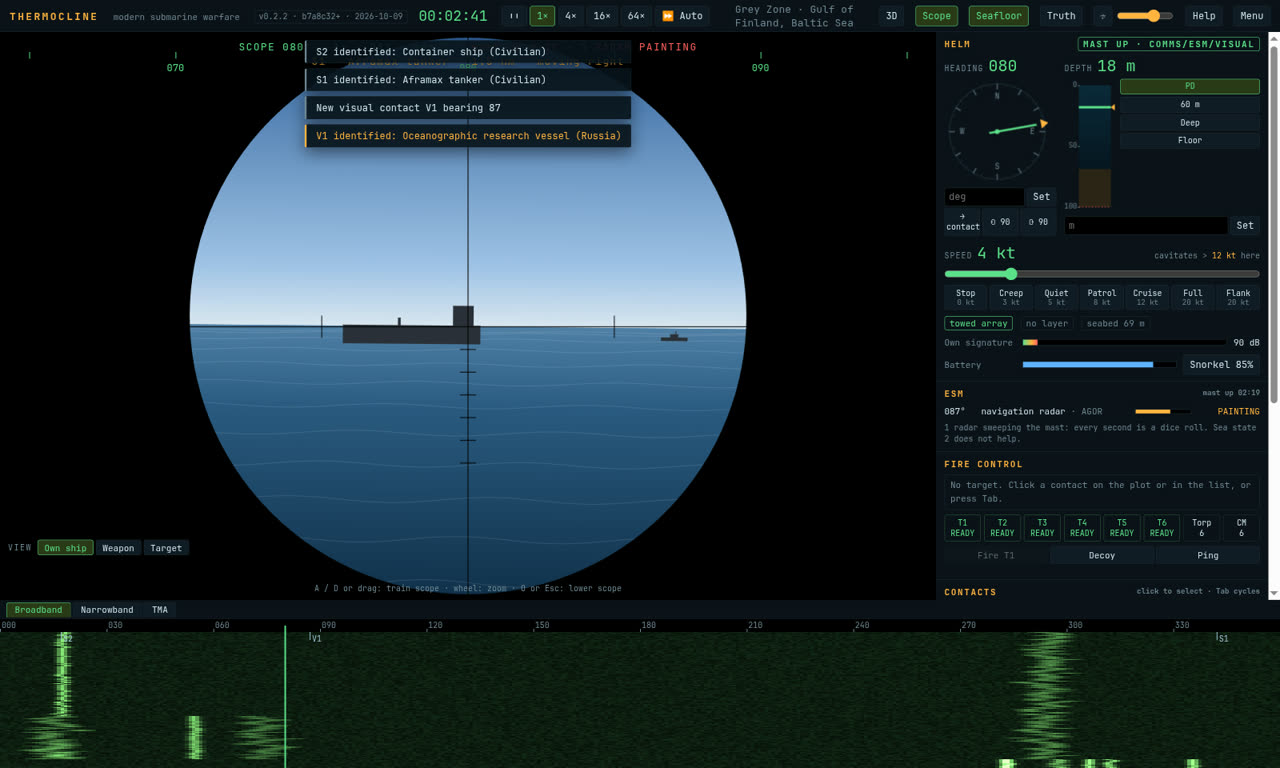 The periscope view with a tanker and a corvette on the horizon